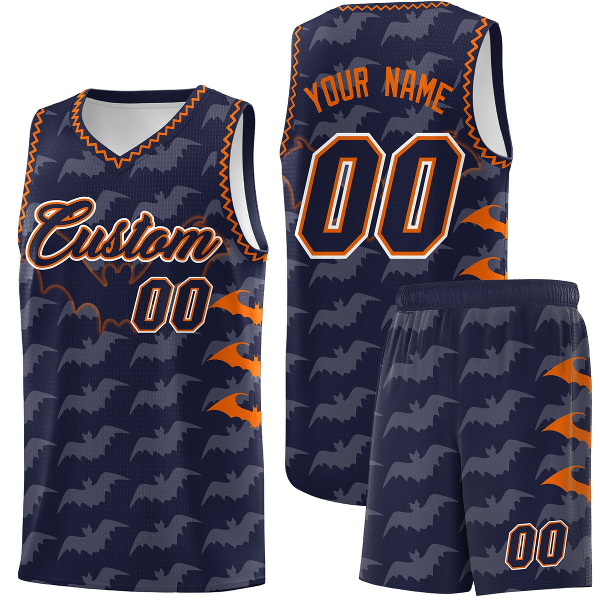 Custom Navy Orange Bat Pattern Halloween Basketball Jersey | For Men,For Kid,For Youth,Sublimation Printed,Perfect for Training,Perfect for Parties,Add Name and Numbern | KXKSHOP
