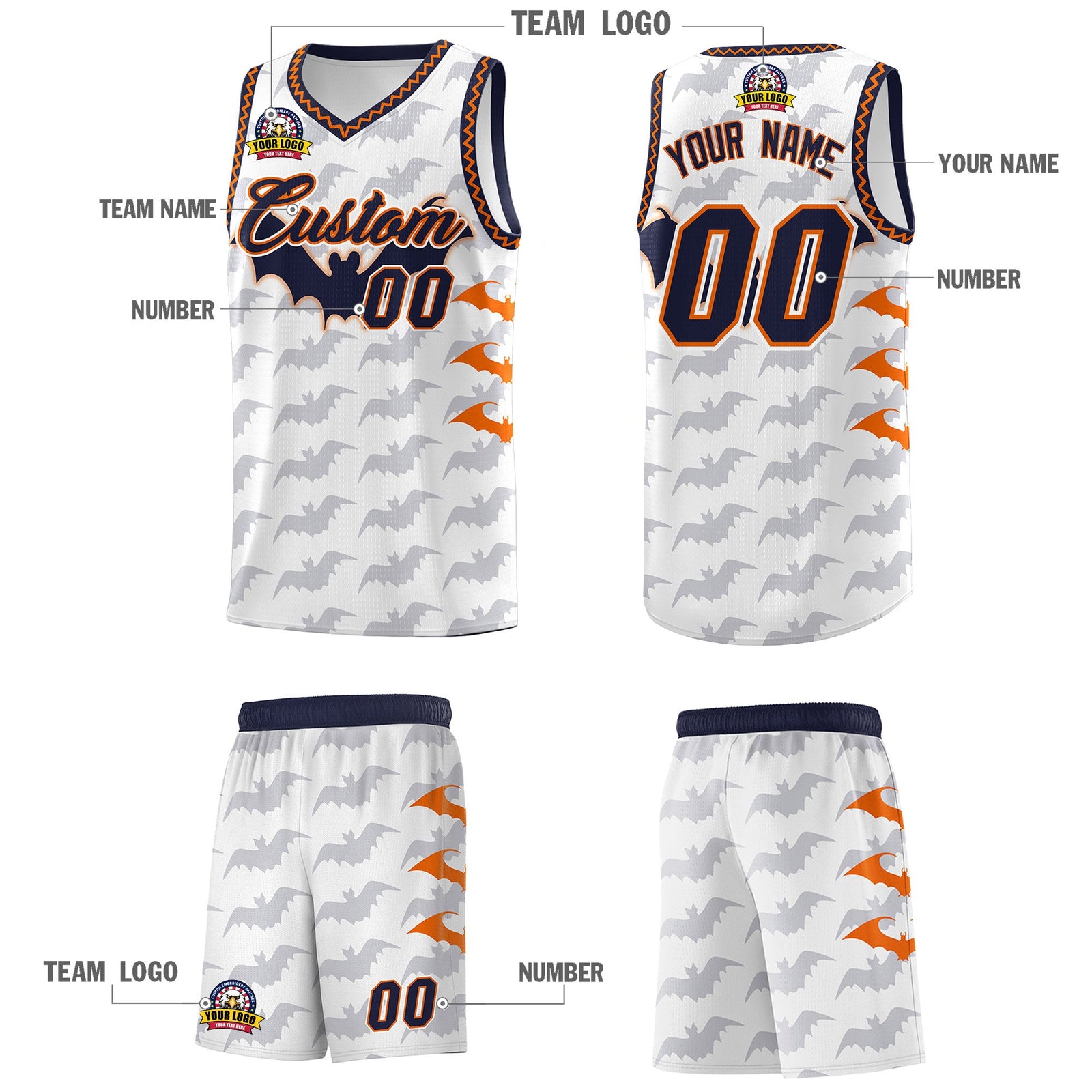 Custom White Orange Navy Bat Pattern Halloween Basketball Jersey | For Men,For Kid,For Youth,Sublimation Printed,Perfect for Training,Perfect for Parties,Add Name and Numbern | KXKSHOP