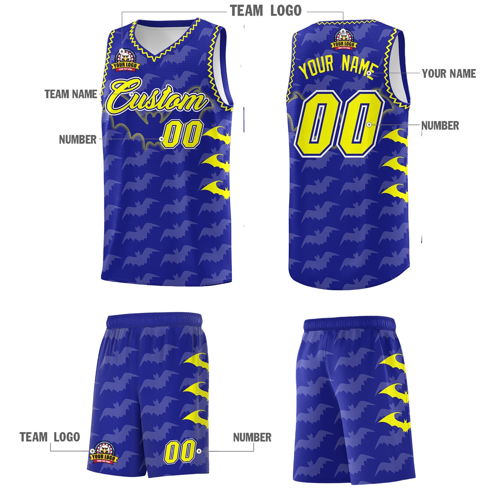 Custom Royal Fluorescent Yellow Bat Pattern Halloween Basketball Jersey | For Men,For Kid,For Youth,Sublimation Printed,Perfect for Training,Perfect for Parties,Add Name and Numbern | KXKSHOP