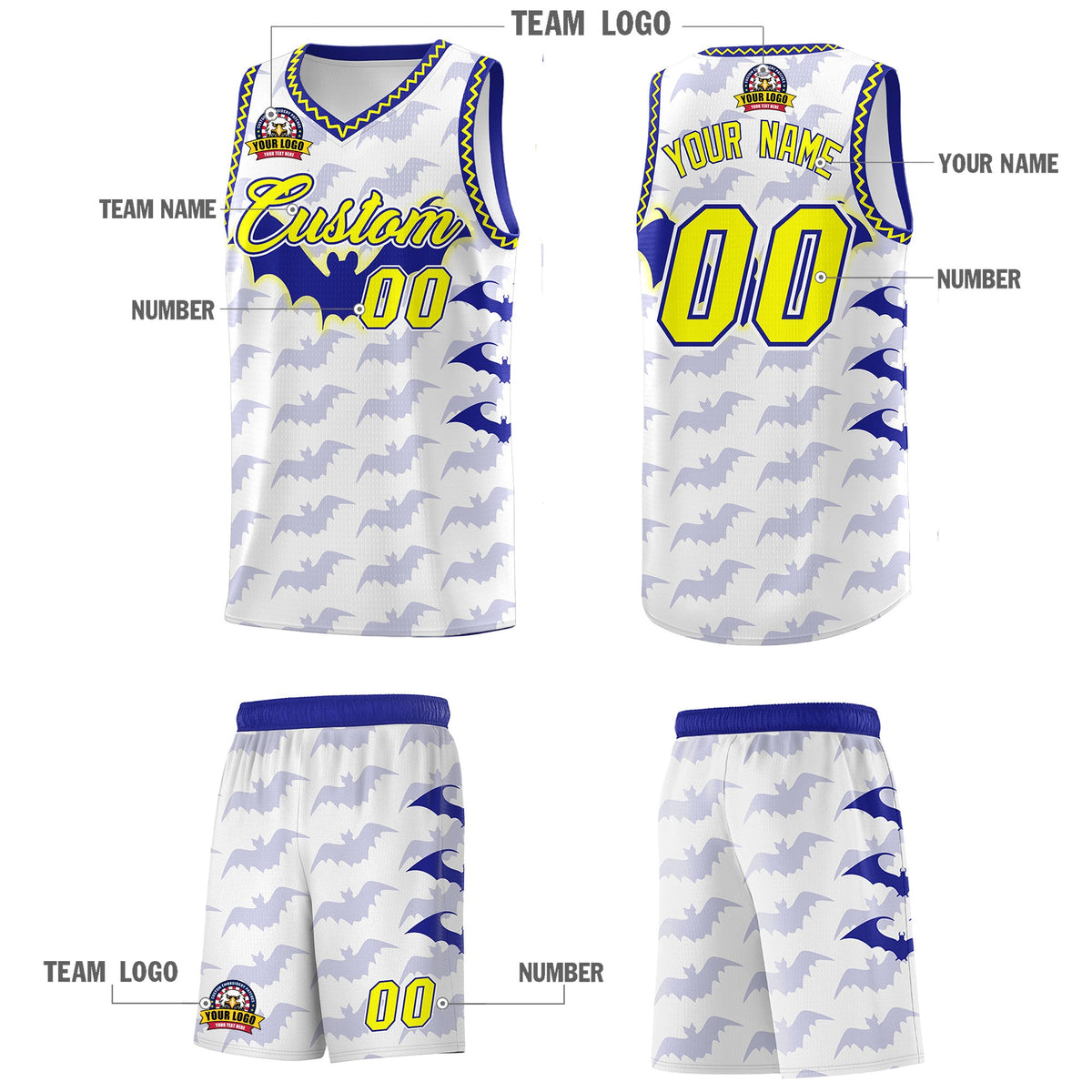 Custom White Fluorescent Yellow Bat Pattern Halloween Basketball Jersey | For Men,For Kid,For Youth,Sublimation Printed,Perfect for Training,Perfect for Parties,Add Name and Numbern | KXKSHOP