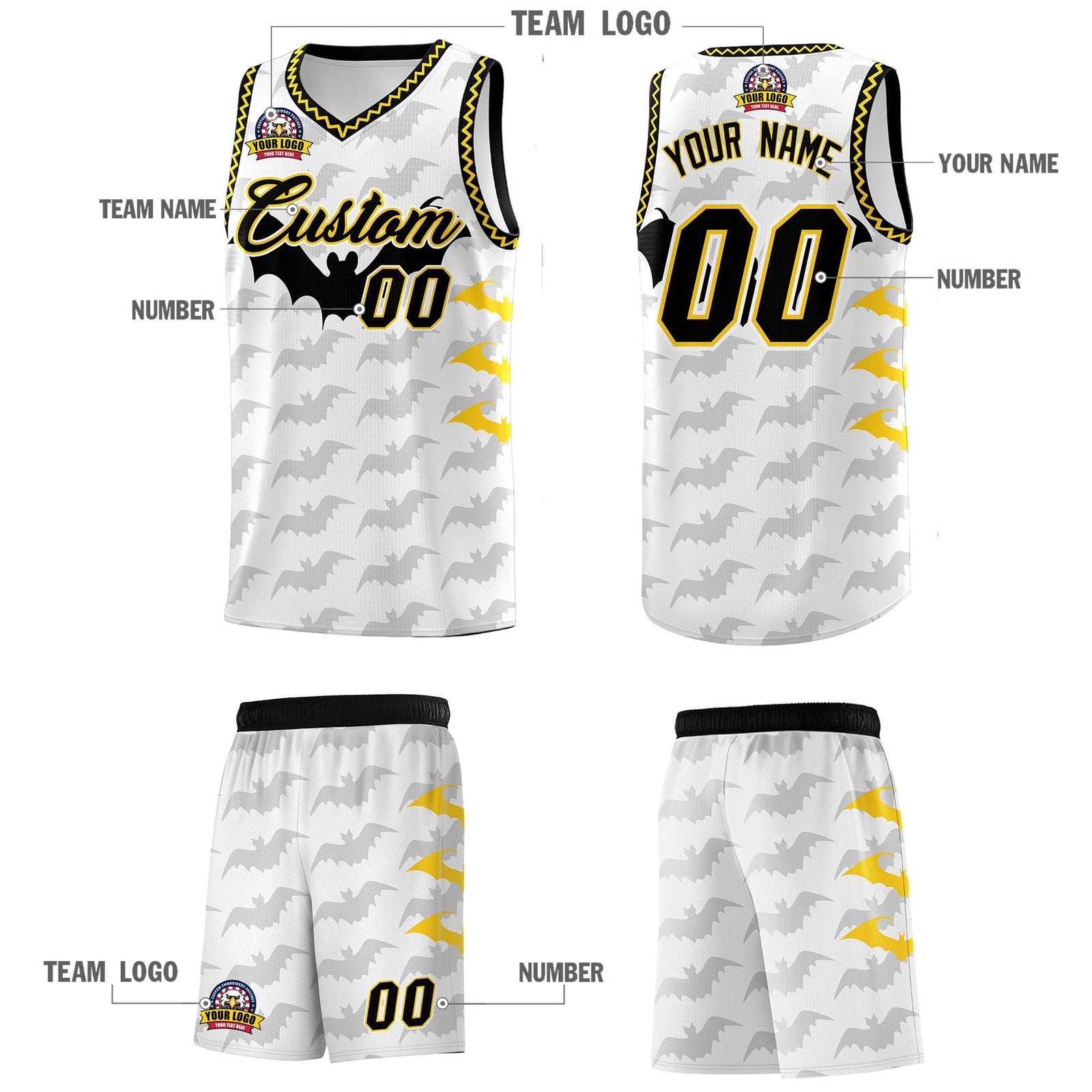 Custom White Gold Black Bat Pattern Halloween Basketball Jersey | For Men,For Kid,For Youth,Sublimation Printed,Perfect for Training,Perfect for Parties,Add Name and Numbern | KXKSHOP