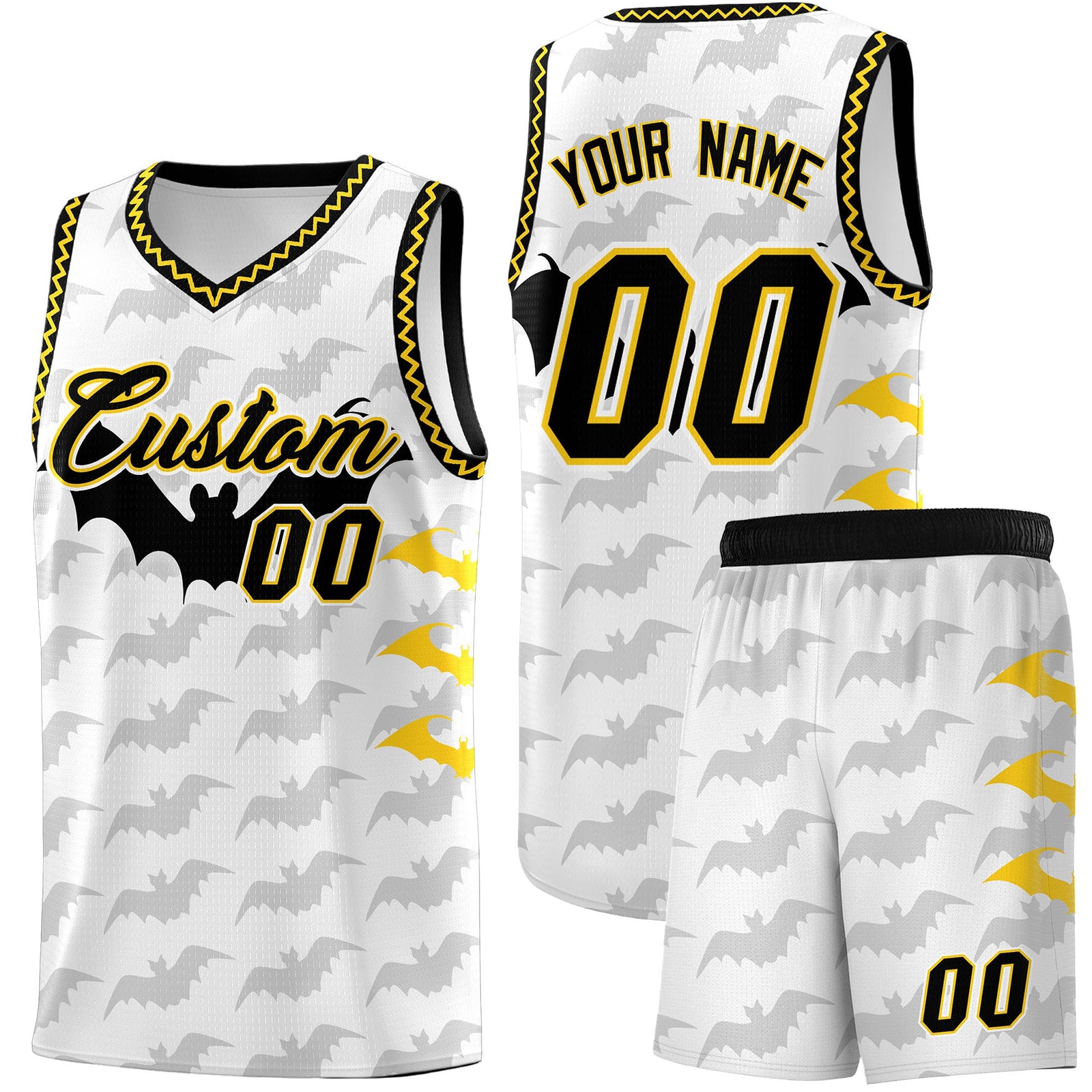 Custom White Gold Black Bat Pattern Halloween Basketball Jersey | For Men,For Kid,For Youth,Sublimation Printed,Perfect for Training,Perfect for Parties,Add Name and Numbern | KXKSHOP