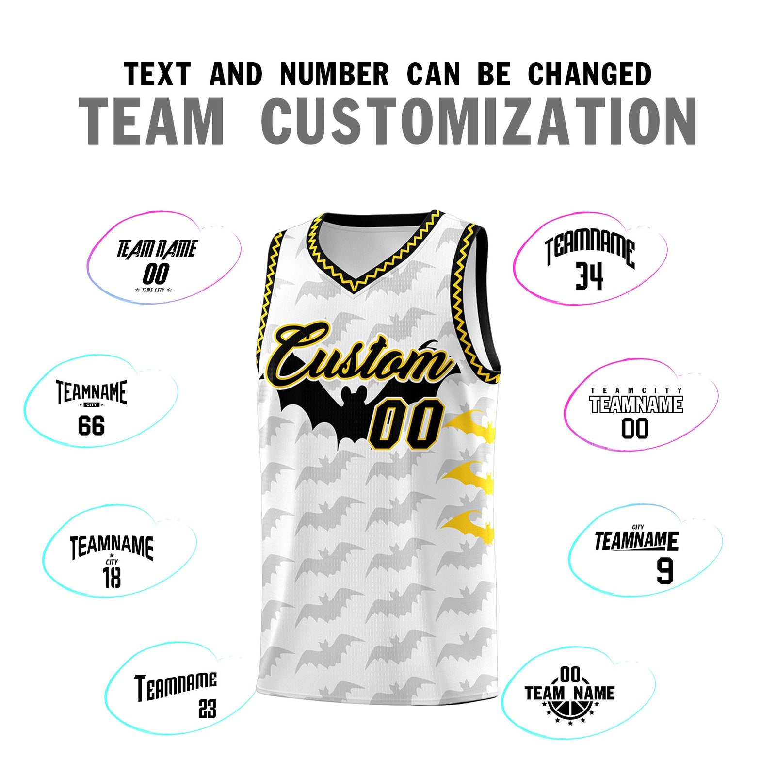 Custom White Gold Black Bat Pattern Halloween Basketball Jersey | For Men,For Kid,For Youth,Sublimation Printed,Perfect for Training,Perfect for Parties,Add Name and Numbern | KXKSHOP