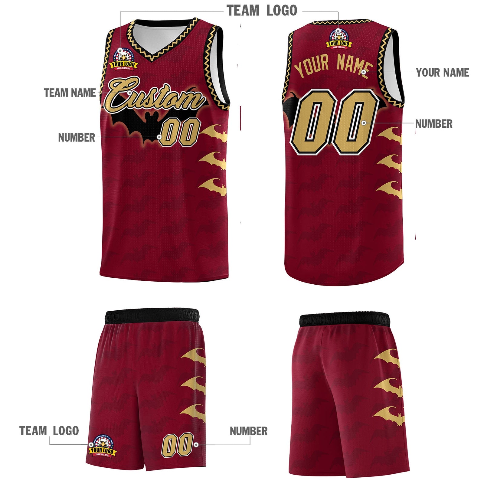 Custom Crimson Old Gold Bat Pattern Halloween Basketball Jersey | For Men,For Kid,For Youth,Sublimation Printed,Perfect for Training,Perfect for Parties,Add Name and Numbern | KXKSHOP