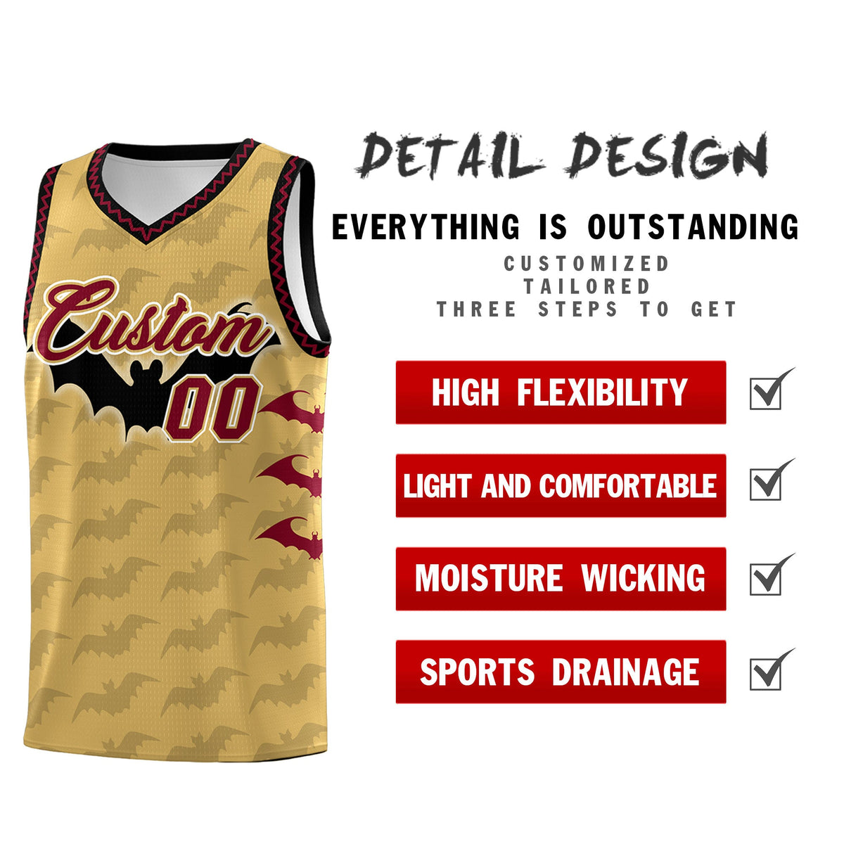 Custom Old Gold Crimson Bat Pattern Halloween Basketball Jersey | For Men,For Kid,For Youth,Sublimation Printed,Perfect for Training,Perfect for Parties,Add Name and Numbern | KXKSHOP