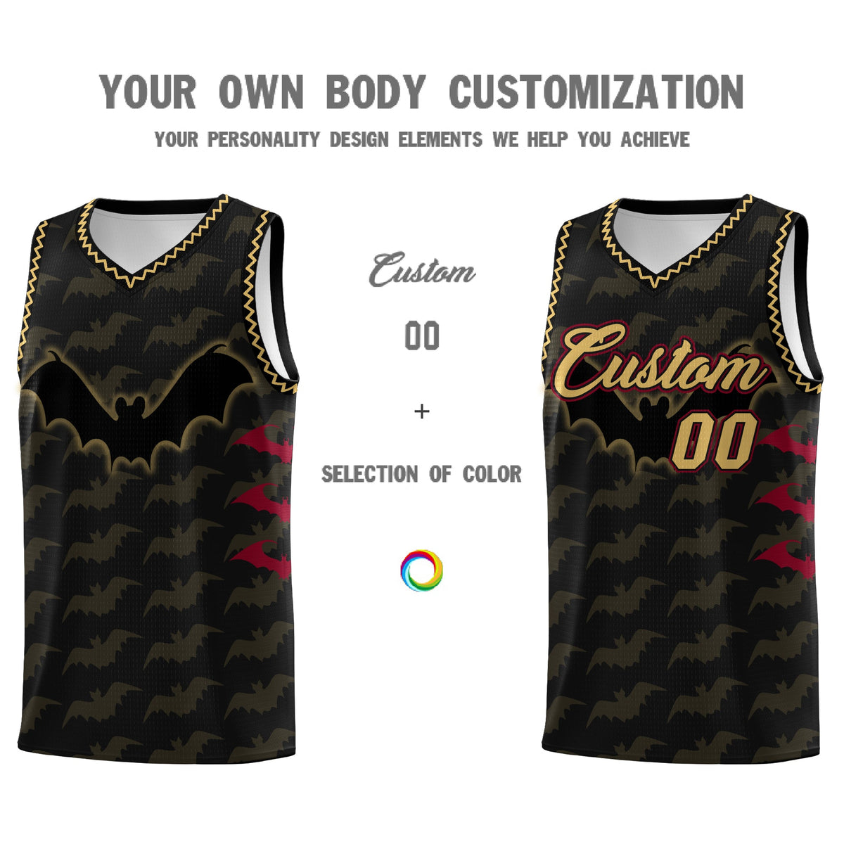 Custom Black Old Gold Crimson Bat Pattern Halloween Basketball Jersey | For Men,For Kid,For Youth,Sublimation Printed,Perfect for Training,Perfect for Parties,Add Name and Numbern | KXKSHOP