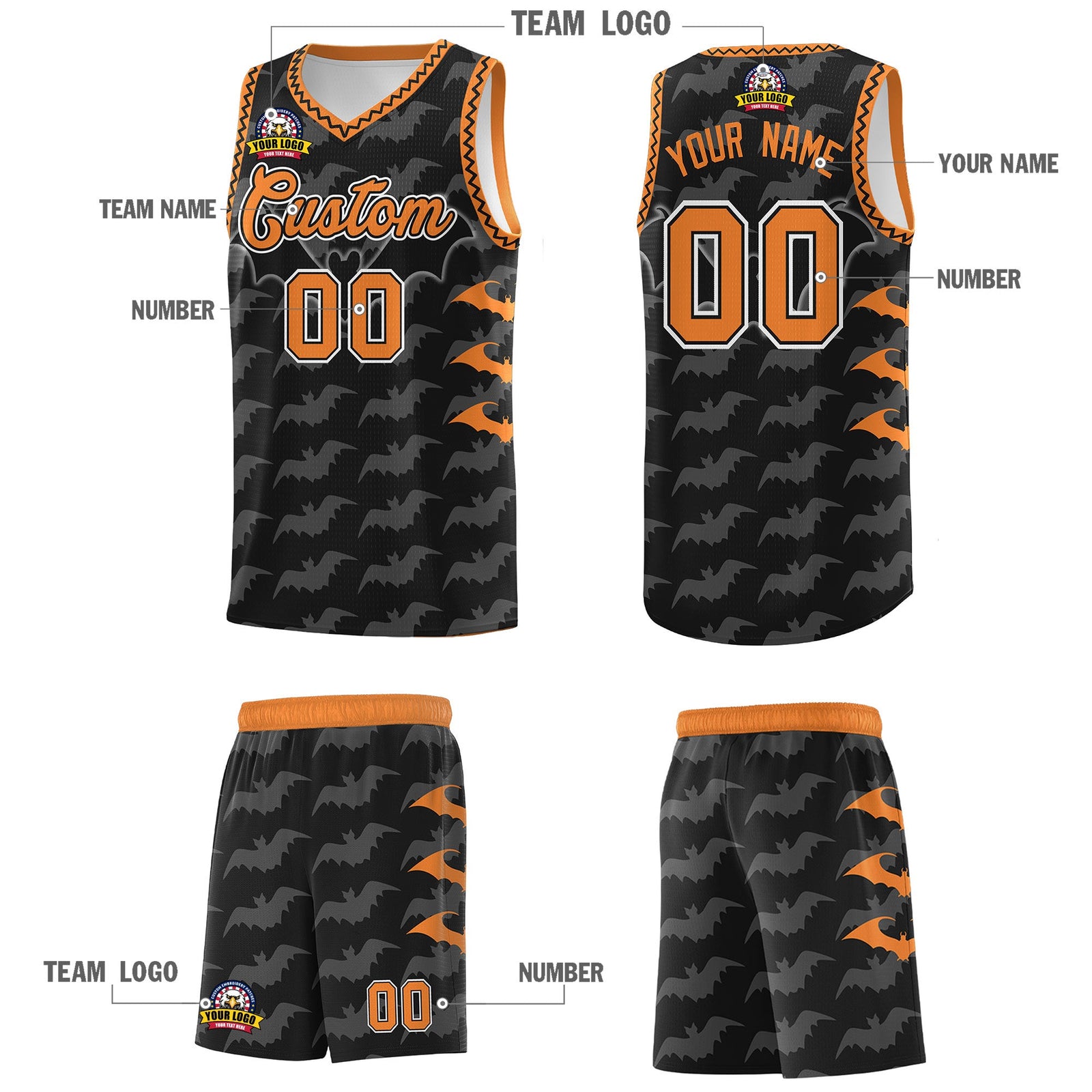 Custom Black Gold Orange Bat Pattern Halloween Basketball Jersey | For Men,For Kid,For Youth,Sublimation Printed,Perfect for Training,Perfect for Parties,Add Name and Numbern | KXKSHOP