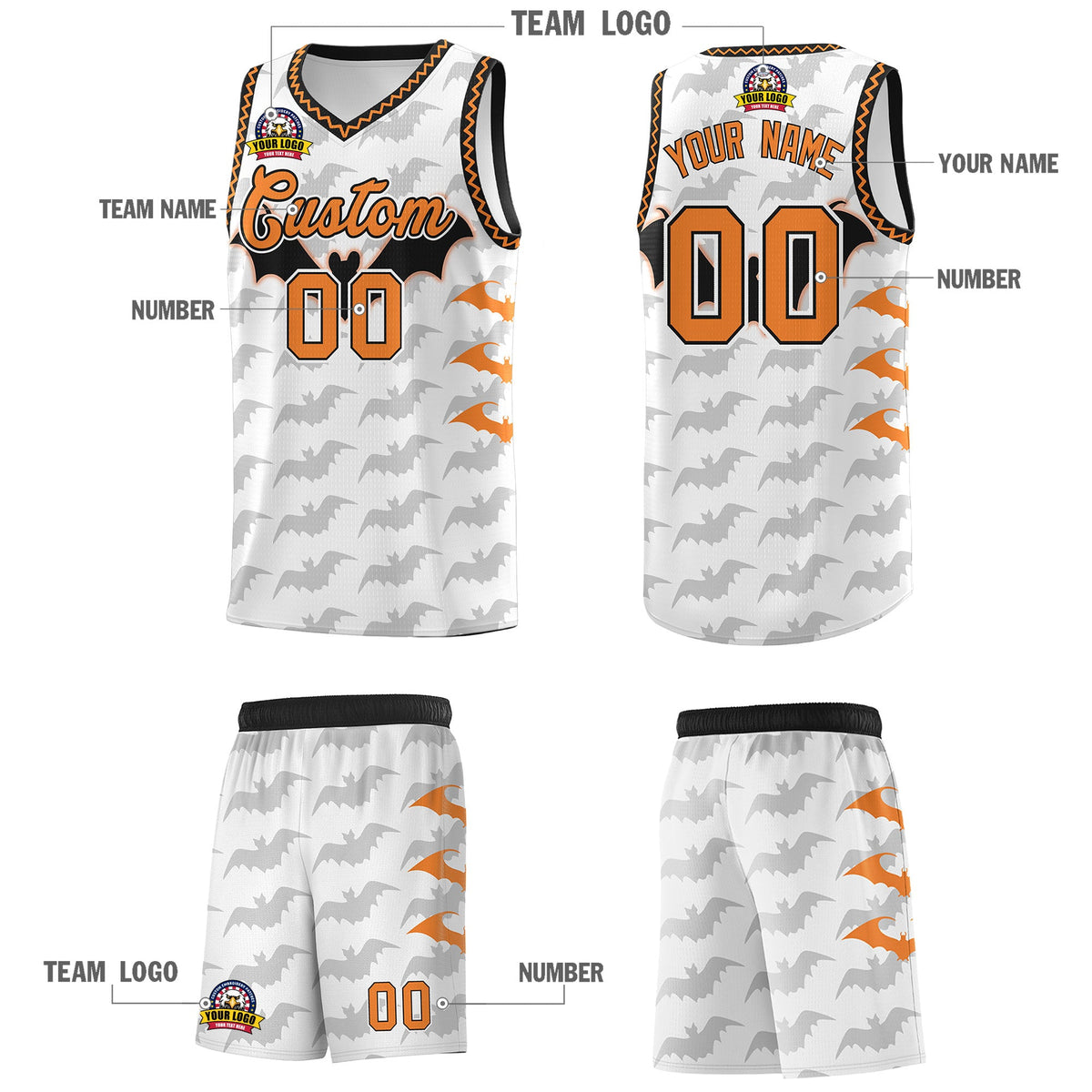 Custom White Black Bat Pattern Halloween Basketball Jersey | For Men,For Kid,For Youth,Sublimation Printed,Perfect for Training,Perfect for Parties,Add Name and Numbern | KXKSHOP
