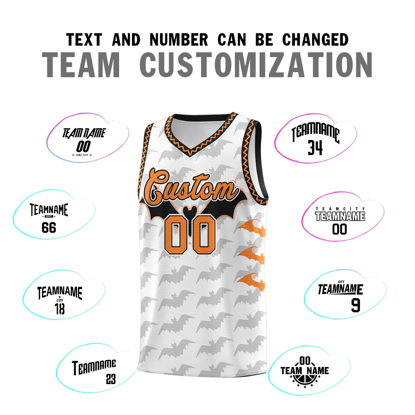 Custom White Black Bat Pattern Halloween Basketball Jersey | For Men,For Kid,For Youth,Sublimation Printed,Perfect for Training,Perfect for Parties,Add Name and Numbern | KXKSHOP