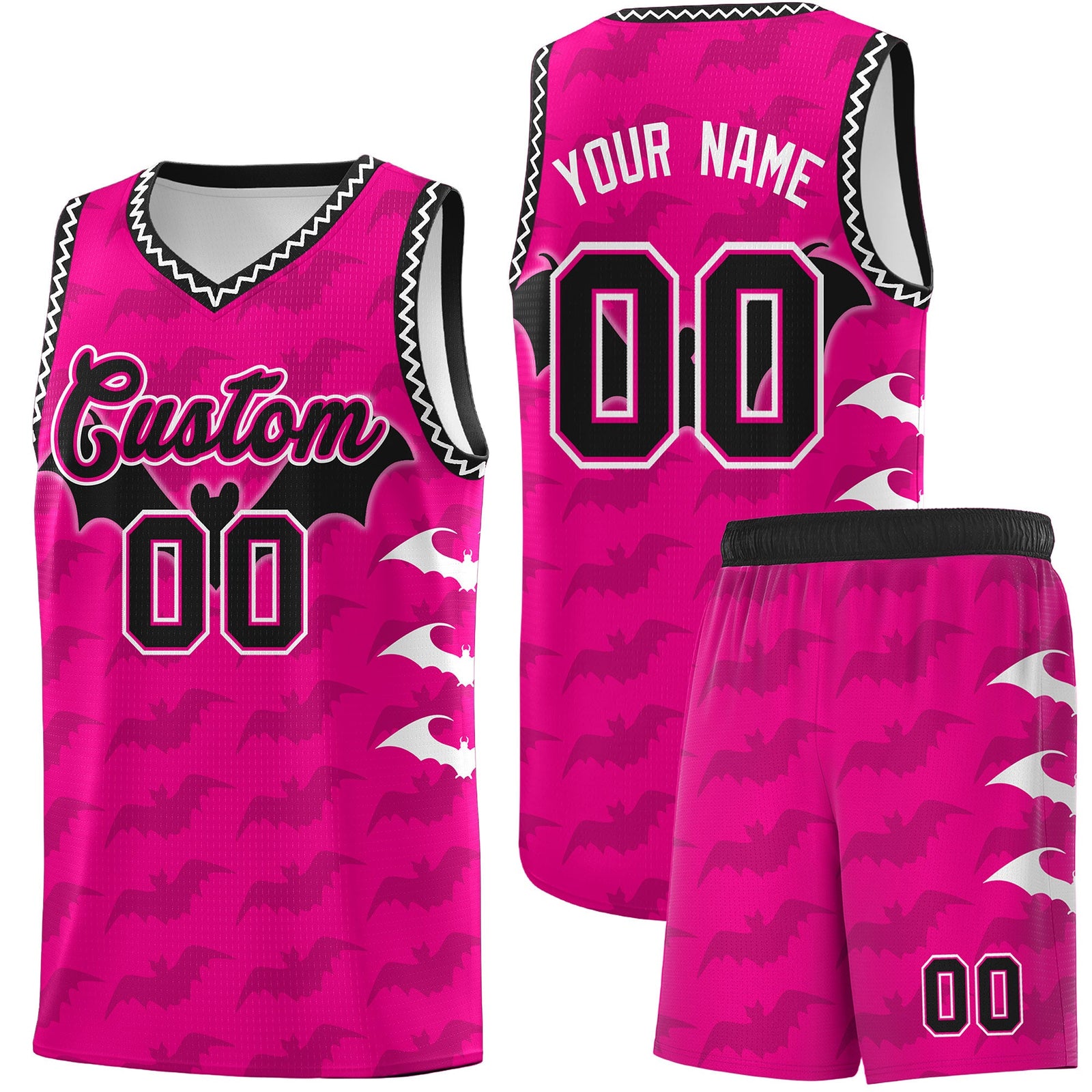 Custom Pink White Black Bat Pattern Halloween Basketball Jersey | For Men,For Kid,For Youth,Sublimation Printed,Perfect for Training,Perfect for Parties,Add Name and Numbern | KXKSHOP