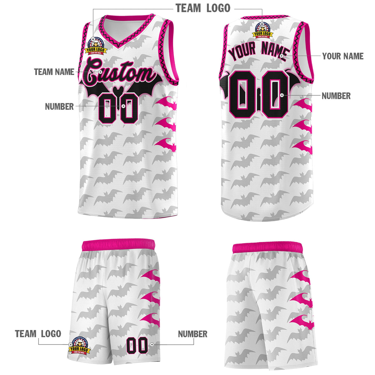 Custom White Pink Black Bat Pattern Halloween Basketball Jersey | For Men,For Kid,For Youth,Sublimation Printed,Perfect for Training,Perfect for Parties,Add Name and Numbern | KXKSHOP