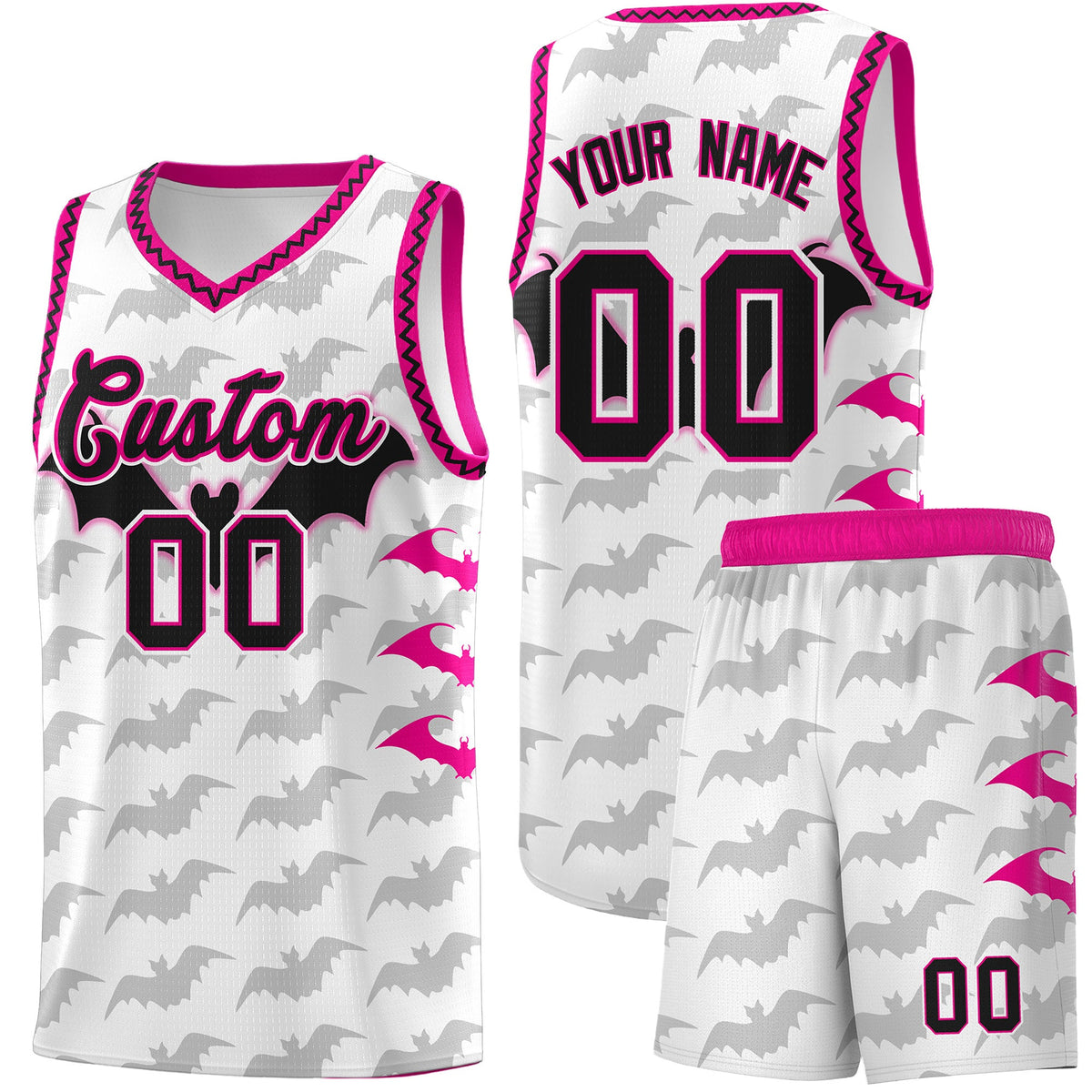 Custom White Pink Black Bat Pattern Halloween Basketball Jersey | For Men,For Kid,For Youth,Sublimation Printed,Perfect for Training,Perfect for Parties,Add Name and Numbern | KXKSHOP