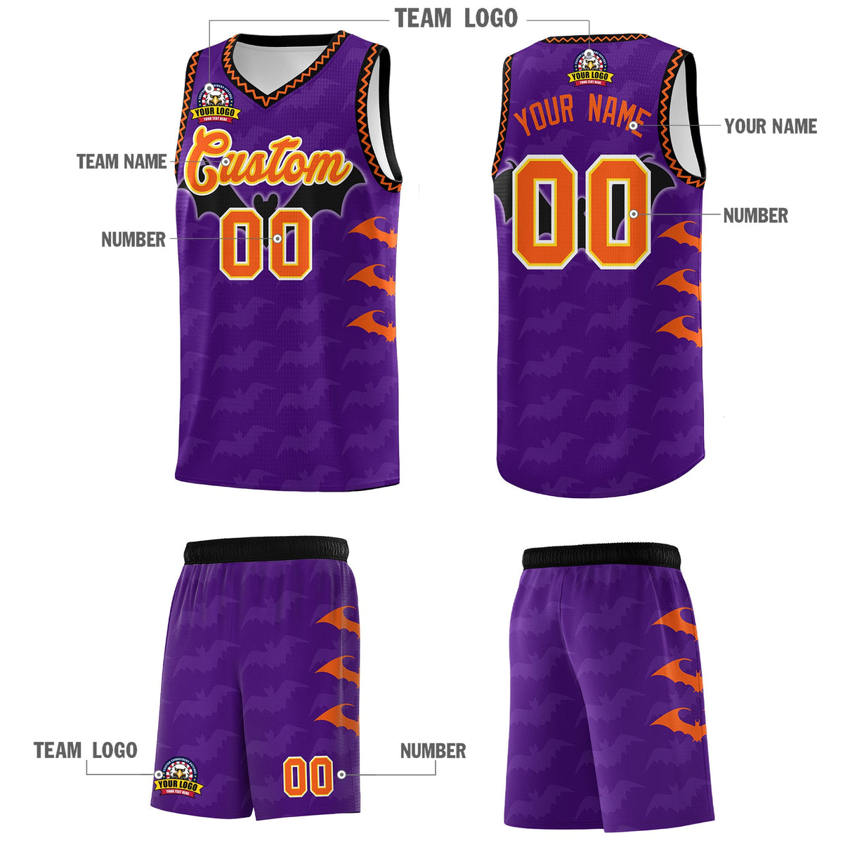 Custom Purple Orange Bat Pattern Halloween Basketball Jersey | For Men,For Kid,For Youth,Sublimation Printed,Perfect for Training,Perfect for Parties,Add Name and Numbern | KXKSHOP
