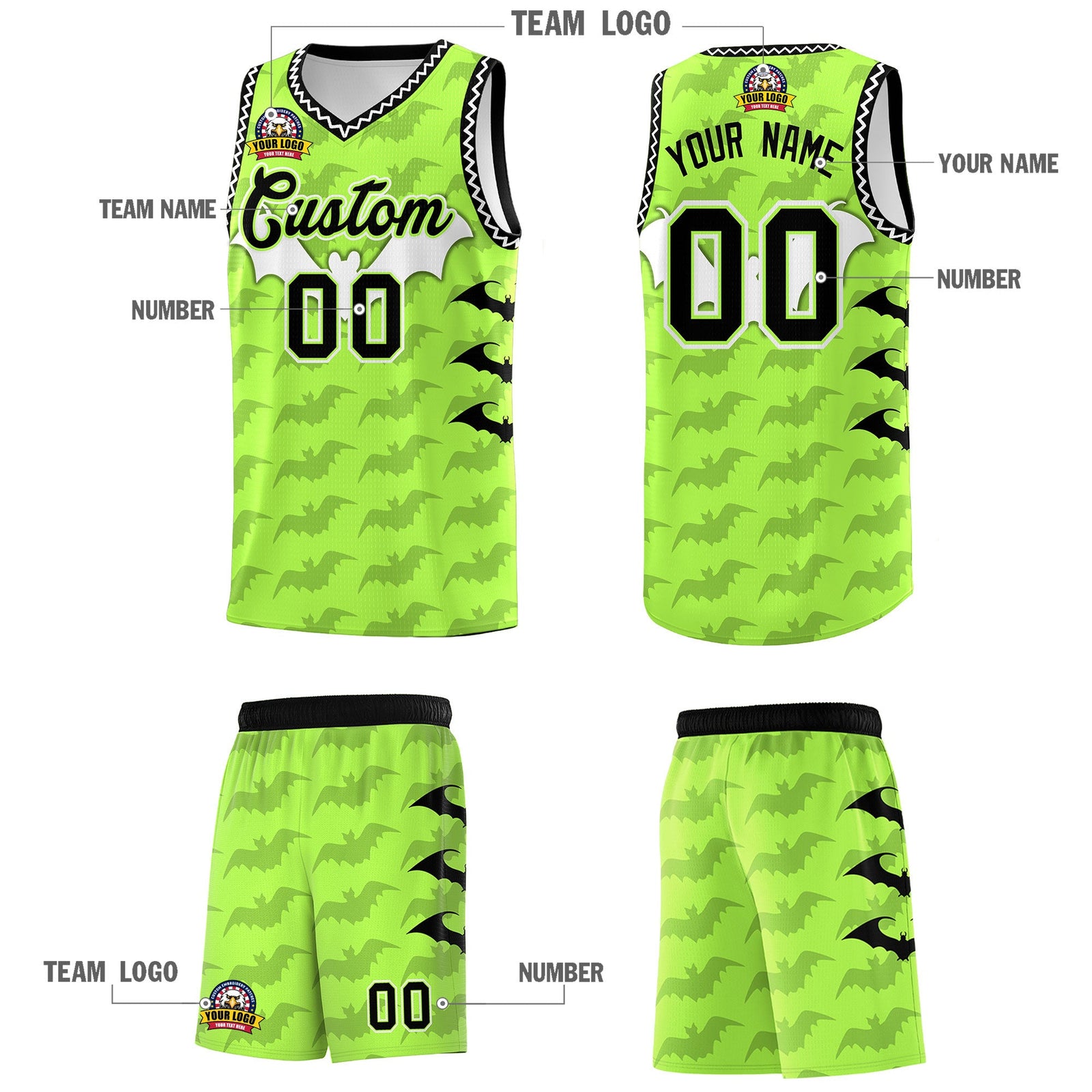 Custom Fluorescent Green White Bat Pattern Halloween Basketball Jersey | For Men,For Kid,For Youth,Sublimation Printed,Perfect for Training,Perfect for Parties,Add Name and Numbern | KXKSHOP