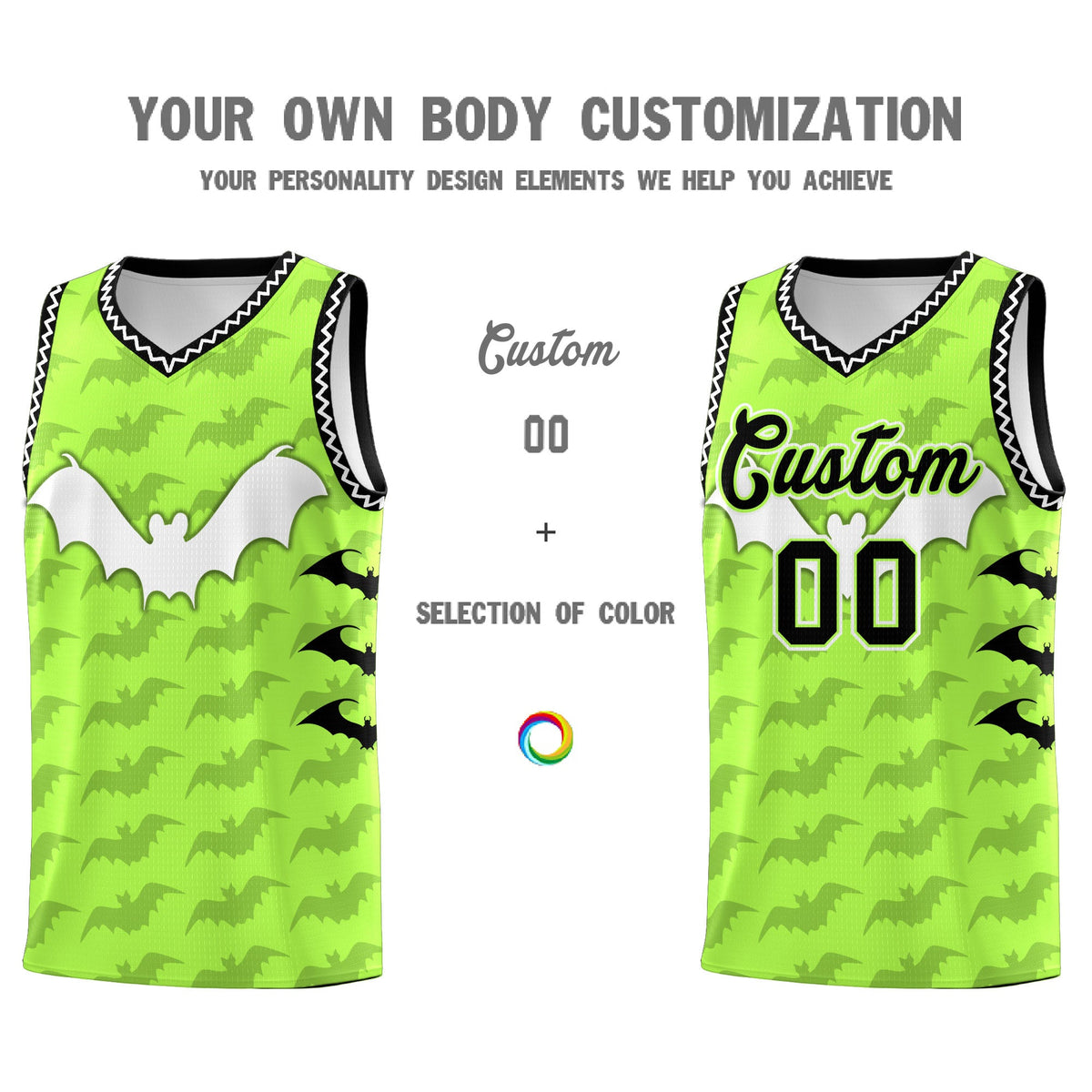 Custom Fluorescent Green White Bat Pattern Halloween Basketball Jersey | For Men,For Kid,For Youth,Sublimation Printed,Perfect for Training,Perfect for Parties,Add Name and Numbern | KXKSHOP