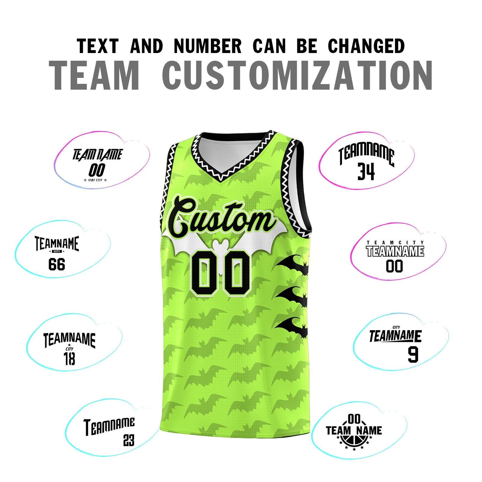 Custom Fluorescent Green White Bat Pattern Halloween Basketball Jersey | For Men,For Kid,For Youth,Sublimation Printed,Perfect for Training,Perfect for Parties,Add Name and Numbern | KXKSHOP