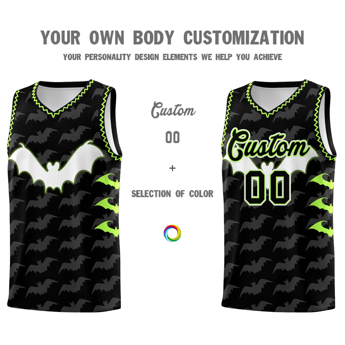 Custom Black Fluorescent Green Bat Pattern Halloween Basketball Jersey | For Men,For Kid,For Youth,Sublimation Printed,Perfect for Training,Perfect for Parties,Add Name and Numbern | KXKSHOP
