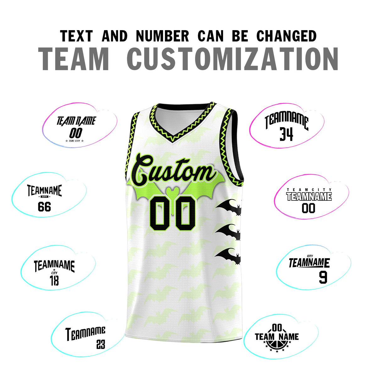 Custom White Fluorescent Green Black Bat Pattern Halloween Basketball Jersey | For Men,For Kid,For Youth,Sublimation Printed,Perfect for Training,Perfect for Parties,Add Name and Numbern | KXKSHOP
