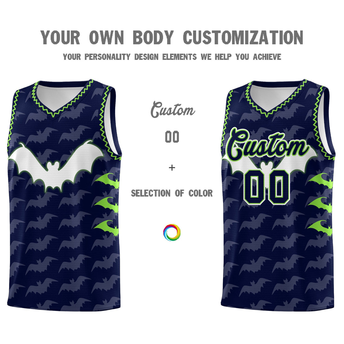 Custom Navy Fluorescent Green Bat Pattern Halloween Basketball Jersey | For Men,For Kid,For Youth,Sublimation Printed,Perfect for Training,Perfect for Parties,Add Name and Numbern | KXKSHOP