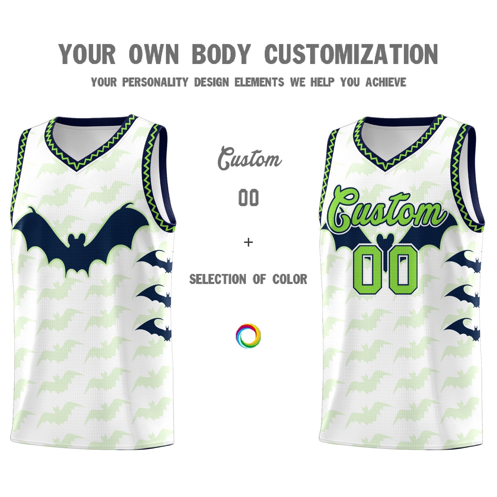 Custom White Fluorescent Green Navy Bat Pattern Halloween Basketball Jersey | For Men,For Kid,For Youth,Sublimation Printed,Perfect for Training,Perfect for Parties,Add Name and Numbern | KXKSHOP