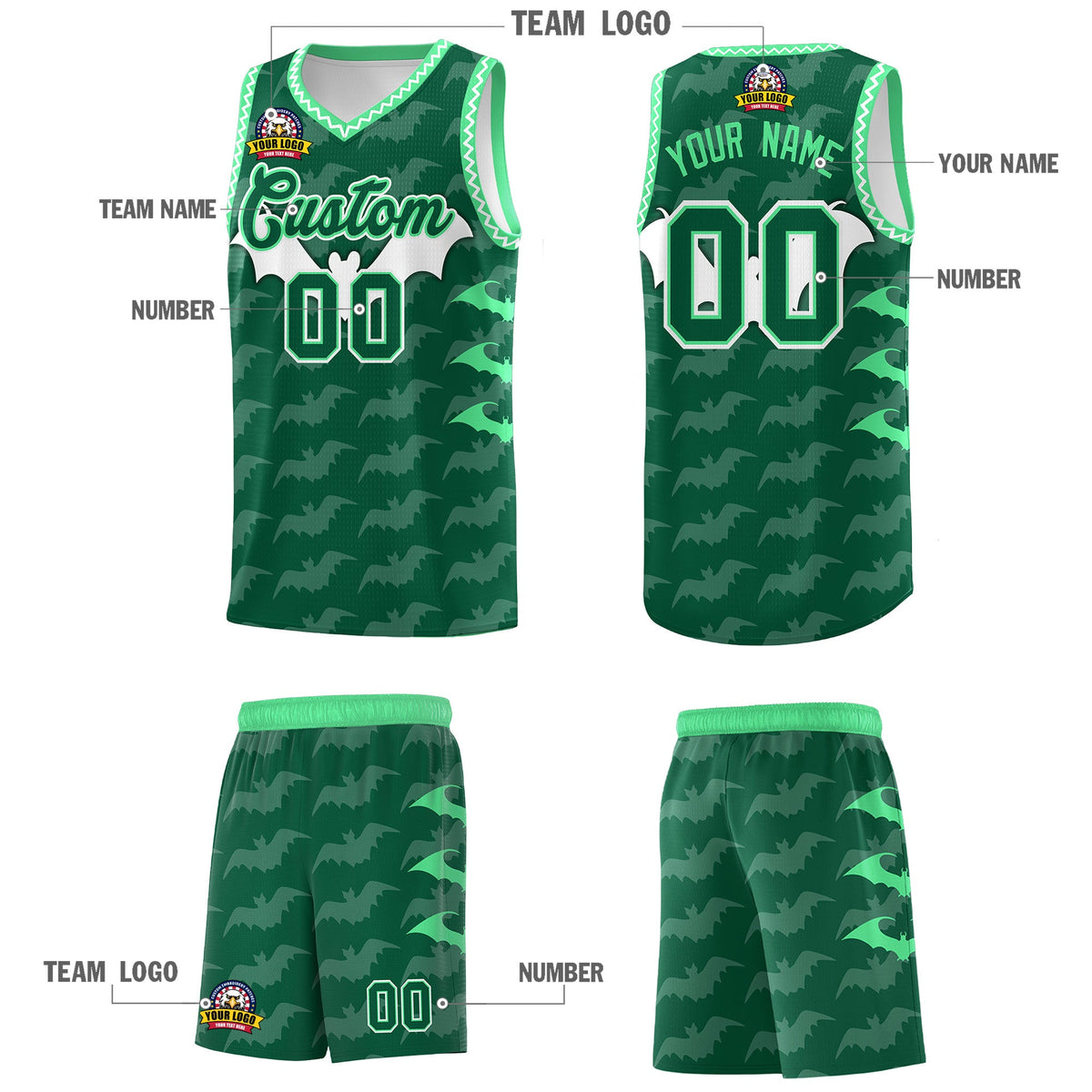Custom Kelly Green White Green Bat Pattern Halloween Basketball Jersey | For Men,For Kid,For Youth,Sublimation Printed,Perfect for Training,Perfect for Parties,Add Name and Numbern | KXKSHOP