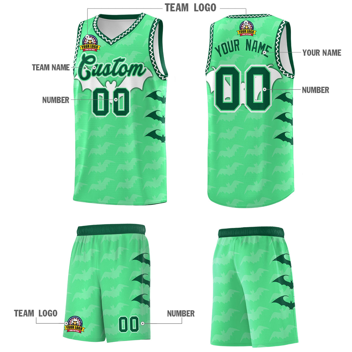 Custom Green White Bat Pattern Halloween Basketball Jersey | For Men,For Kid,For Youth,Sublimation Printed,Perfect for Training,Perfect for Parties,Add Name and Numbern | KXKSHOP