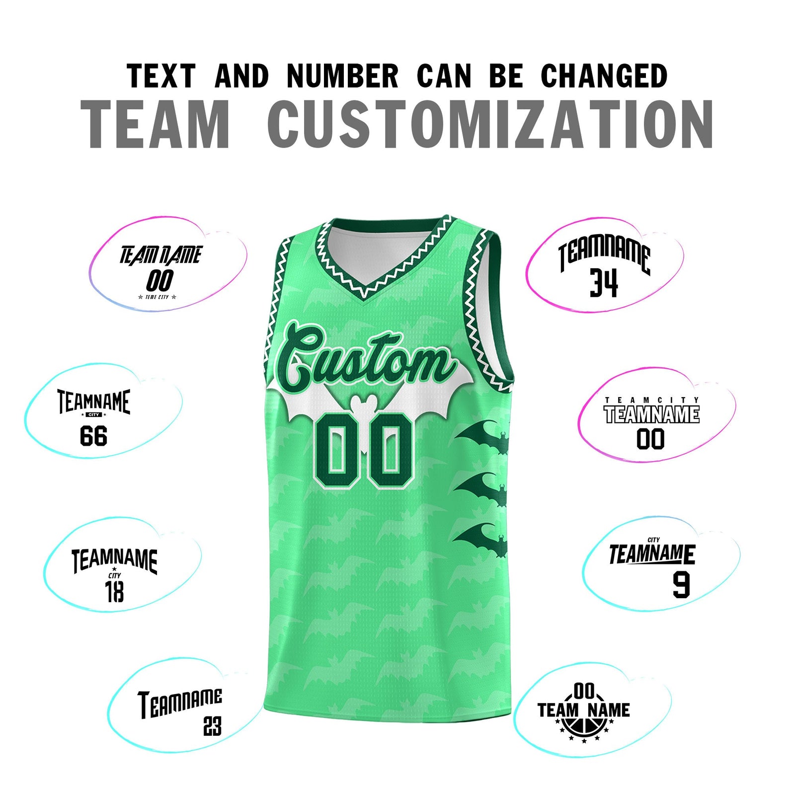 Custom Green White Bat Pattern Halloween Basketball Jersey | For Men,For Kid,For Youth,Sublimation Printed,Perfect for Training,Perfect for Parties,Add Name and Numbern | KXKSHOP