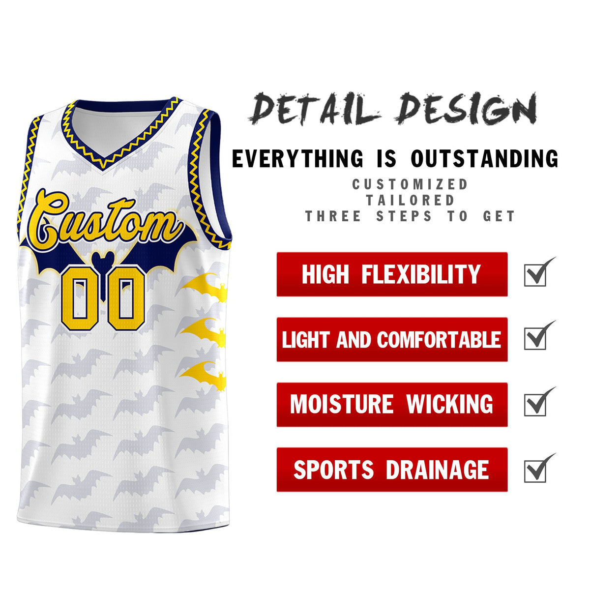 Custom White Gold Navy Bat Pattern Halloween Basketball Jersey | For Men,For Kid,For Youth,Sublimation Printed,Perfect for Training,Perfect for Parties,Add Name and Numbern | KXKSHOP