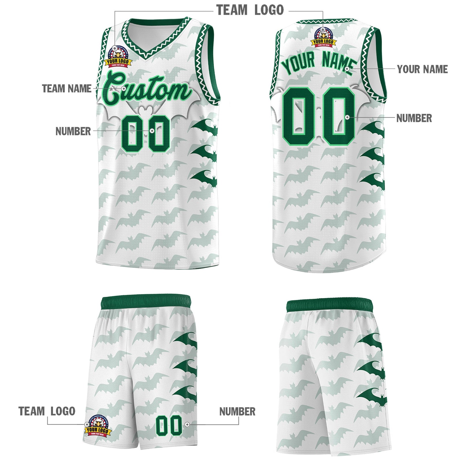 Custom White Kelly Green Bat Pattern Halloween Basketball Jersey | For Men,For Kid,For Youth,Sublimation Printed,Perfect for Training,Perfect for Parties,Add Name and Numbern | KXKSHOP
