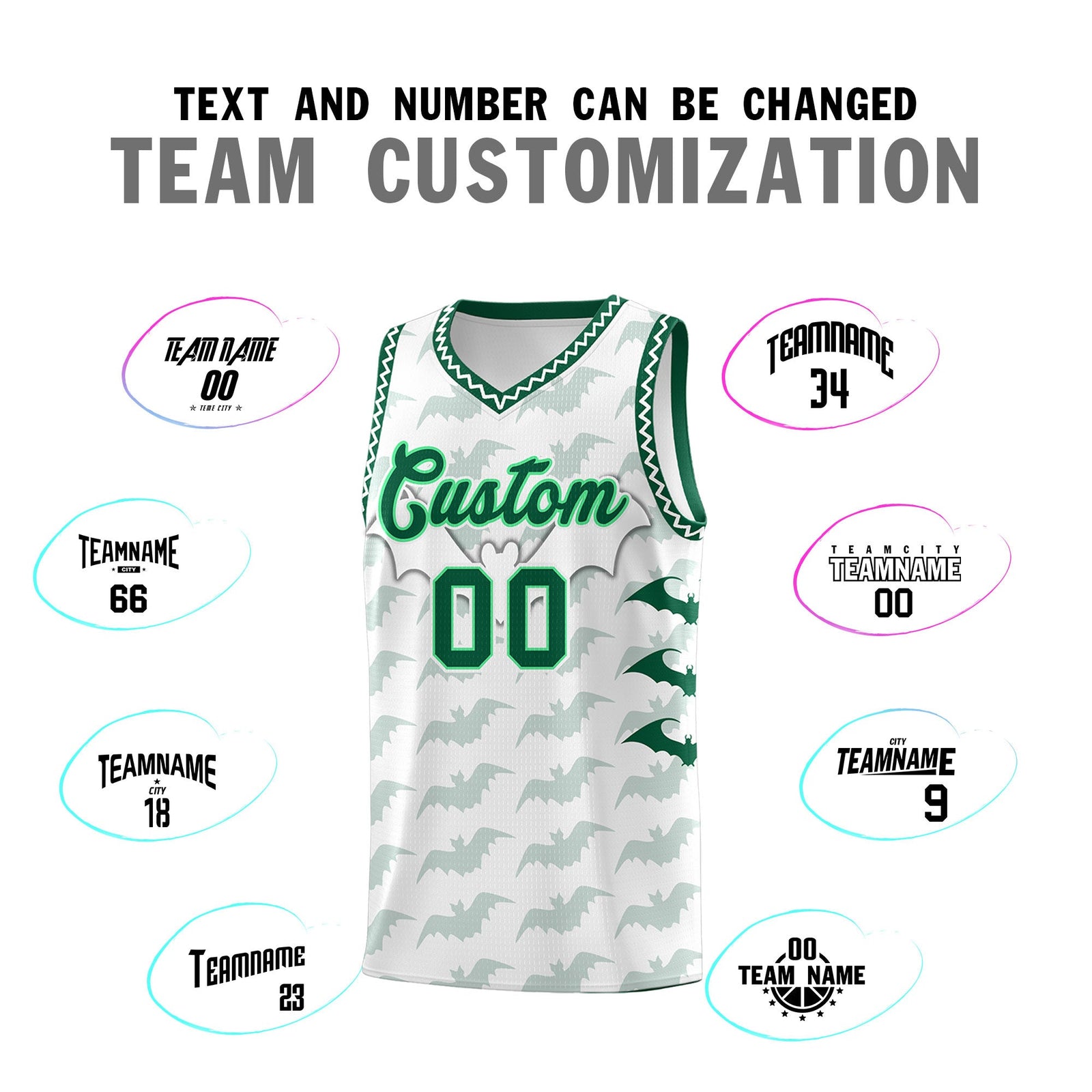 Custom White Kelly Green Bat Pattern Halloween Basketball Jersey | For Men,For Kid,For Youth,Sublimation Printed,Perfect for Training,Perfect for Parties,Add Name and Numbern | KXKSHOP