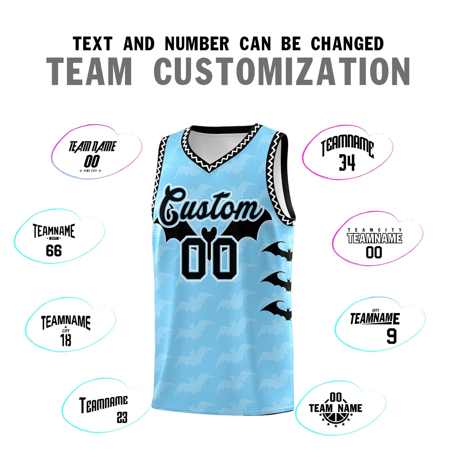 Custom Light Blue White Black Bat Pattern Halloween Basketball Jersey | For Men,For Kid,For Youth,Sublimation Printed,Perfect for Training,Perfect for Parties,Add Name and Numbern | KXKSHOP