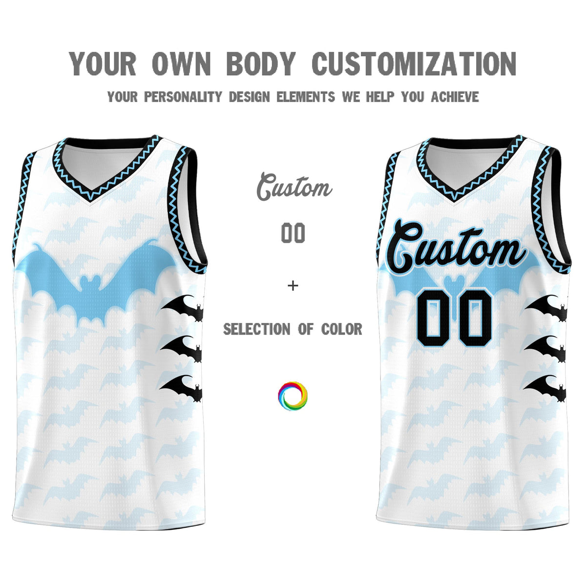 Custom White Light Blue Bat Pattern Halloween Basketball Jersey | For Men,For Kid,For Youth,Sublimation Printed,Perfect for Training,Perfect for Parties,Add Name and Numbern | KXKSHOP