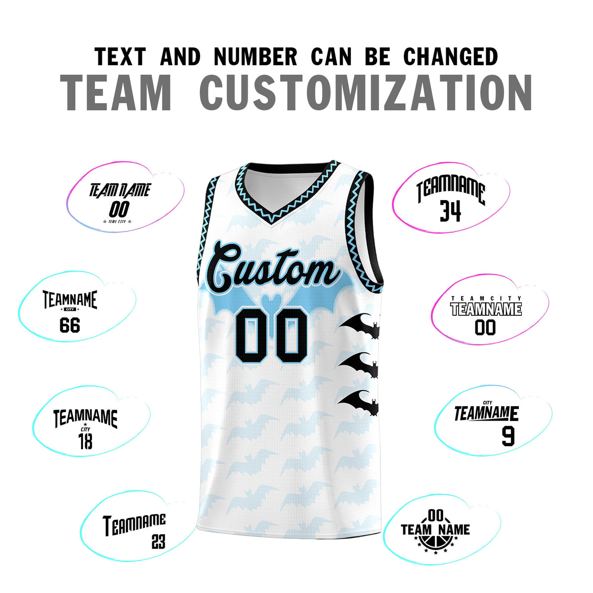 Custom White Light Blue Bat Pattern Halloween Basketball Jersey | For Men,For Kid,For Youth,Sublimation Printed,Perfect for Training,Perfect for Parties,Add Name and Numbern | KXKSHOP