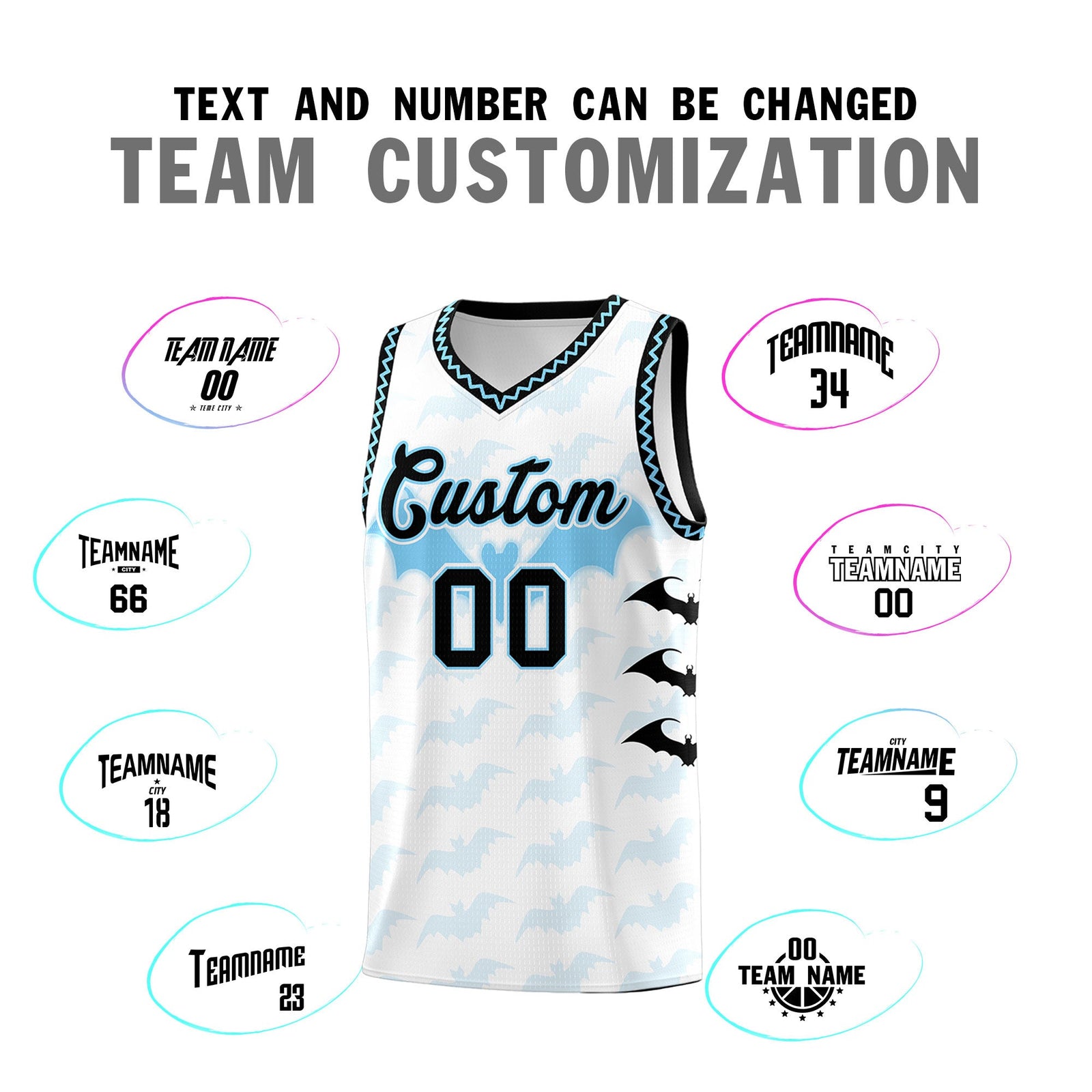Custom White Light Blue Bat Pattern Halloween Basketball Jersey | For Men,For Kid,For Youth,Sublimation Printed,Perfect for Training,Perfect for Parties,Add Name and Numbern | KXKSHOP
