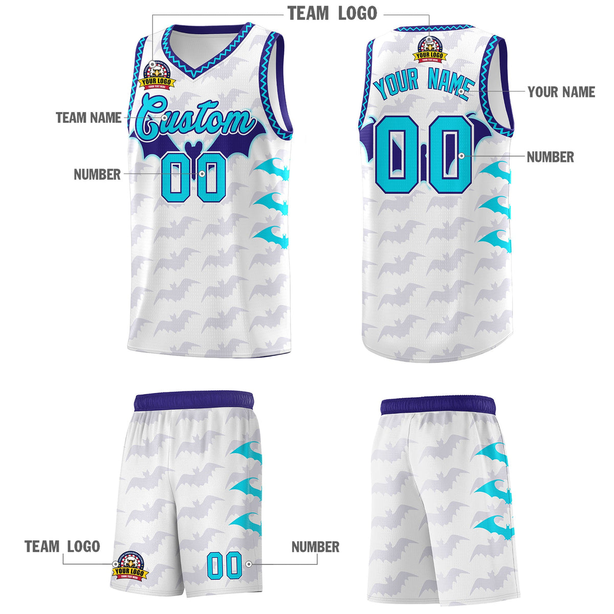 Custom White Sky Blue Bat Pattern Halloween Basketball Jersey | For Men,For Kid,For Youth,Sublimation Printed,Perfect for Training,Perfect for Parties,Add Name and Numbern | KXKSHOP