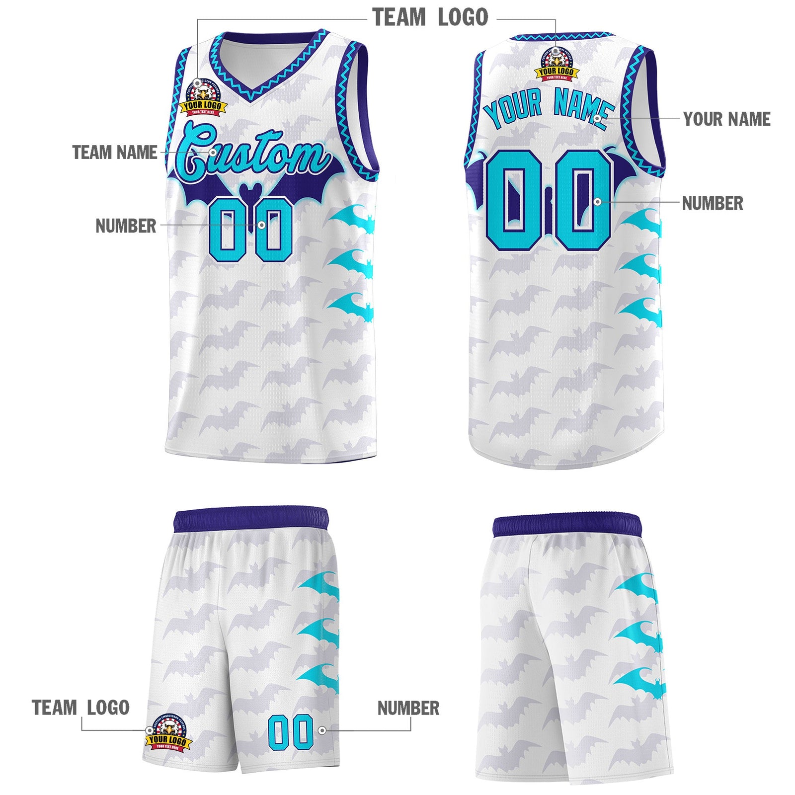 Custom White Sky Blue Bat Pattern Halloween Basketball Jersey | For Men,For Kid,For Youth,Sublimation Printed,Perfect for Training,Perfect for Parties,Add Name and Numbern | KXKSHOP