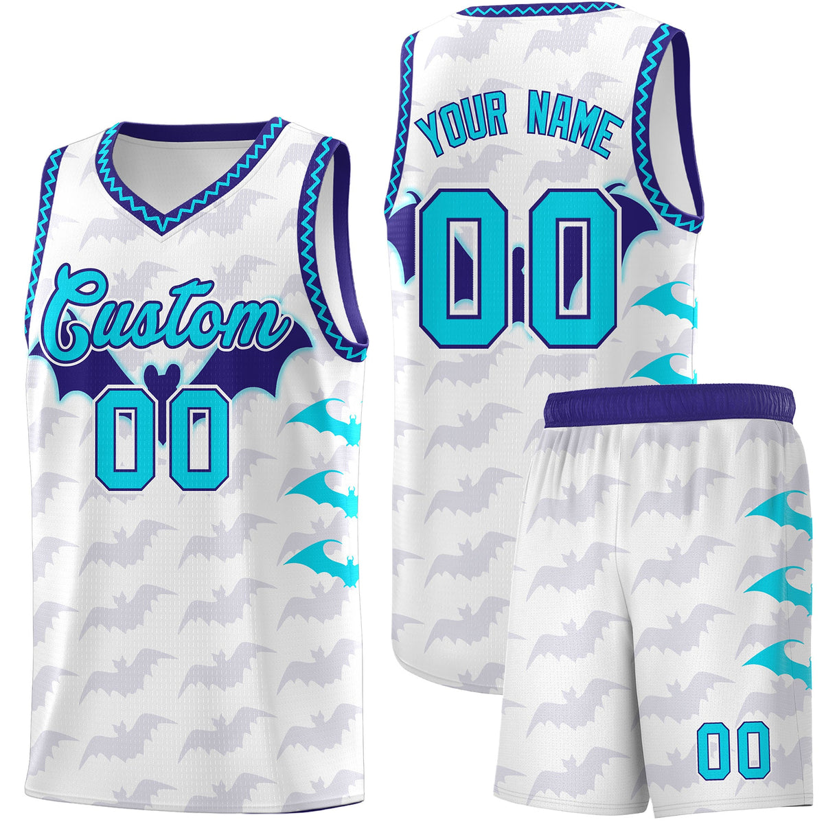 Custom White Sky Blue Bat Pattern Halloween Basketball Jersey | For Men,For Kid,For Youth,Sublimation Printed,Perfect for Training,Perfect for Parties,Add Name and Numbern | KXKSHOP