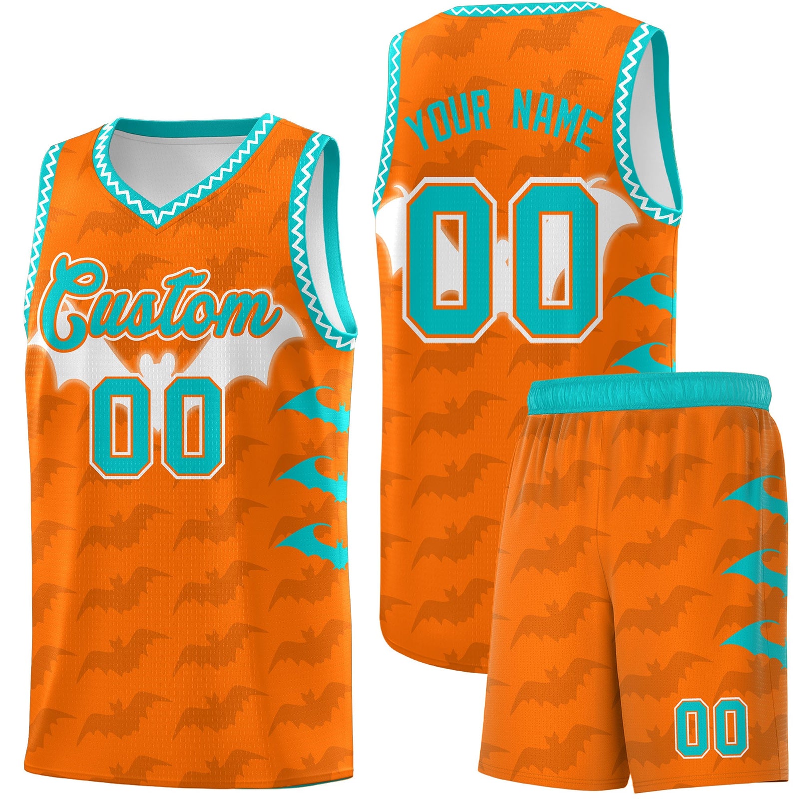 Custom Orange Aqua Bat Pattern Halloween Basketball Jersey | For Men,For Kid,For Youth,Sublimation Printed,Perfect for Training,Perfect for Parties,Add Name and Numbern | KXKSHOP