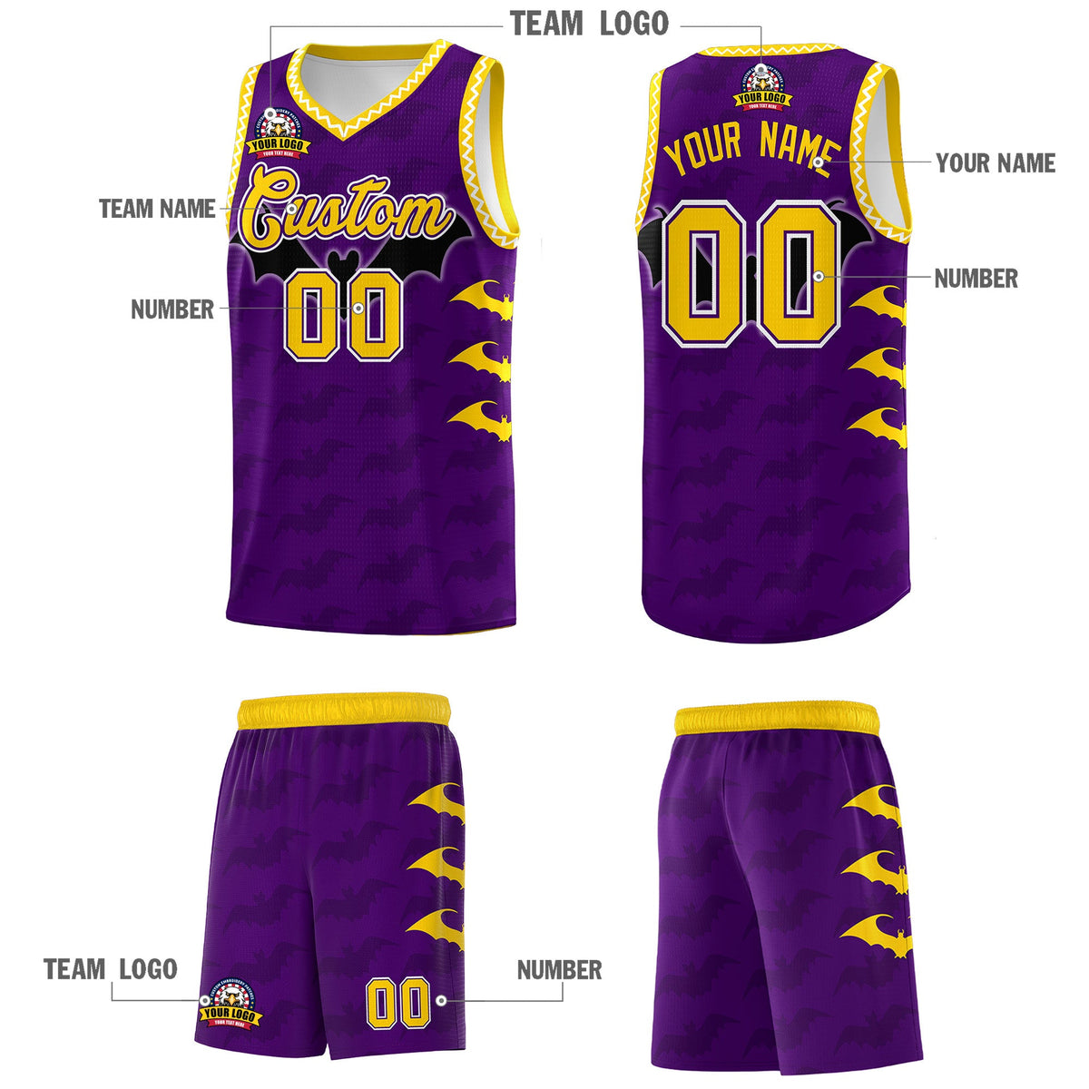 Custom Purple Gold White Bat Pattern Halloween Basketball Jersey | For Men,For Kid,For Youth,Sublimation Printed,Perfect for Training,Perfect for Parties,Add Name and Numbern | KXKSHOP