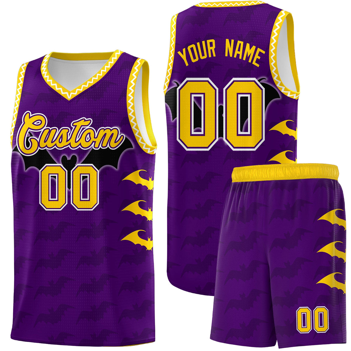 Custom Purple Gold White Bat Pattern Halloween Basketball Jersey | For Men,For Kid,For Youth,Sublimation Printed,Perfect for Training,Perfect for Parties,Add Name and Numbern | KXKSHOP
