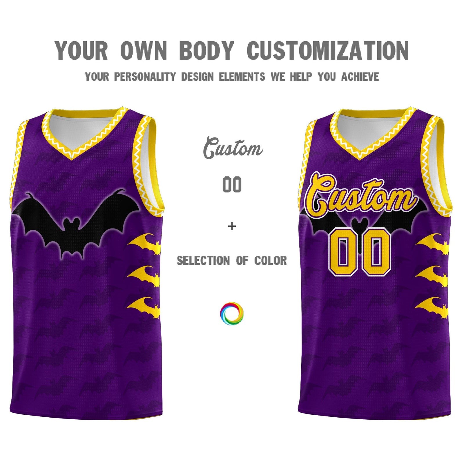 Custom Purple Gold White Bat Pattern Halloween Basketball Jersey | For Men,For Kid,For Youth,Sublimation Printed,Perfect for Training,Perfect for Parties,Add Name and Numbern | KXKSHOP