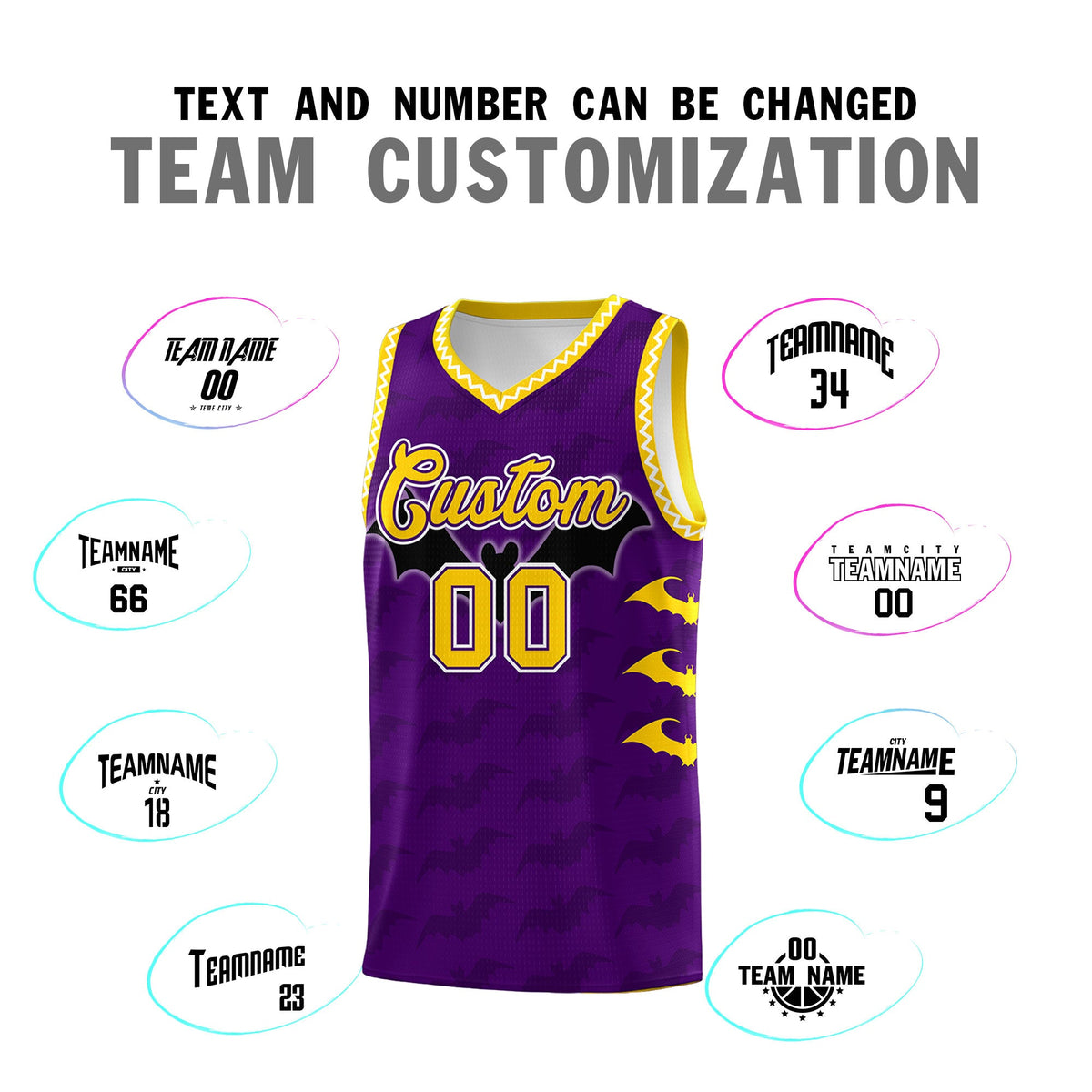 Custom Purple Gold White Bat Pattern Halloween Basketball Jersey | For Men,For Kid,For Youth,Sublimation Printed,Perfect for Training,Perfect for Parties,Add Name and Numbern | KXKSHOP