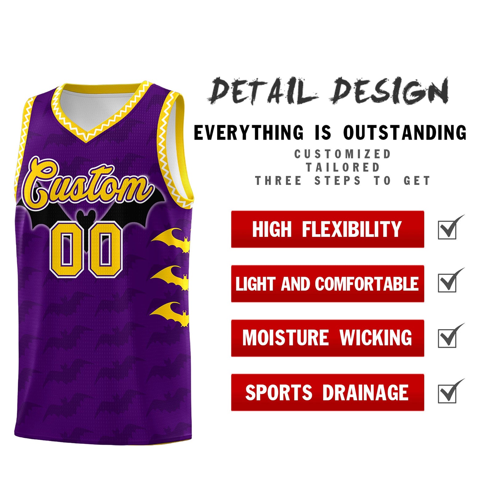 Custom Purple Gold White Bat Pattern Halloween Basketball Jersey | For Men,For Kid,For Youth,Sublimation Printed,Perfect for Training,Perfect for Parties,Add Name and Numbern | KXKSHOP