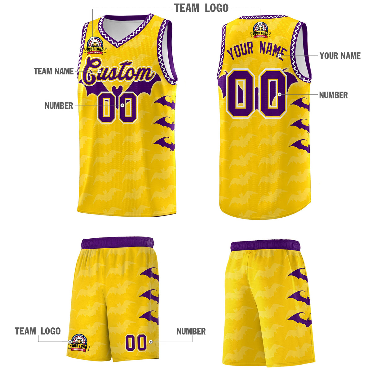 Custom Gold White Purple Bat Pattern Halloween Basketball Jersey | For Men,For Kid,For Youth,Sublimation Printed,Perfect for Training,Perfect for Parties,Add Name and Numbern | KXKSHOP