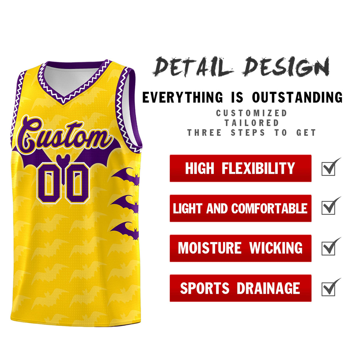 Custom Gold White Purple Bat Pattern Halloween Basketball Jersey | For Men,For Kid,For Youth,Sublimation Printed,Perfect for Training,Perfect for Parties,Add Name and Numbern | KXKSHOP