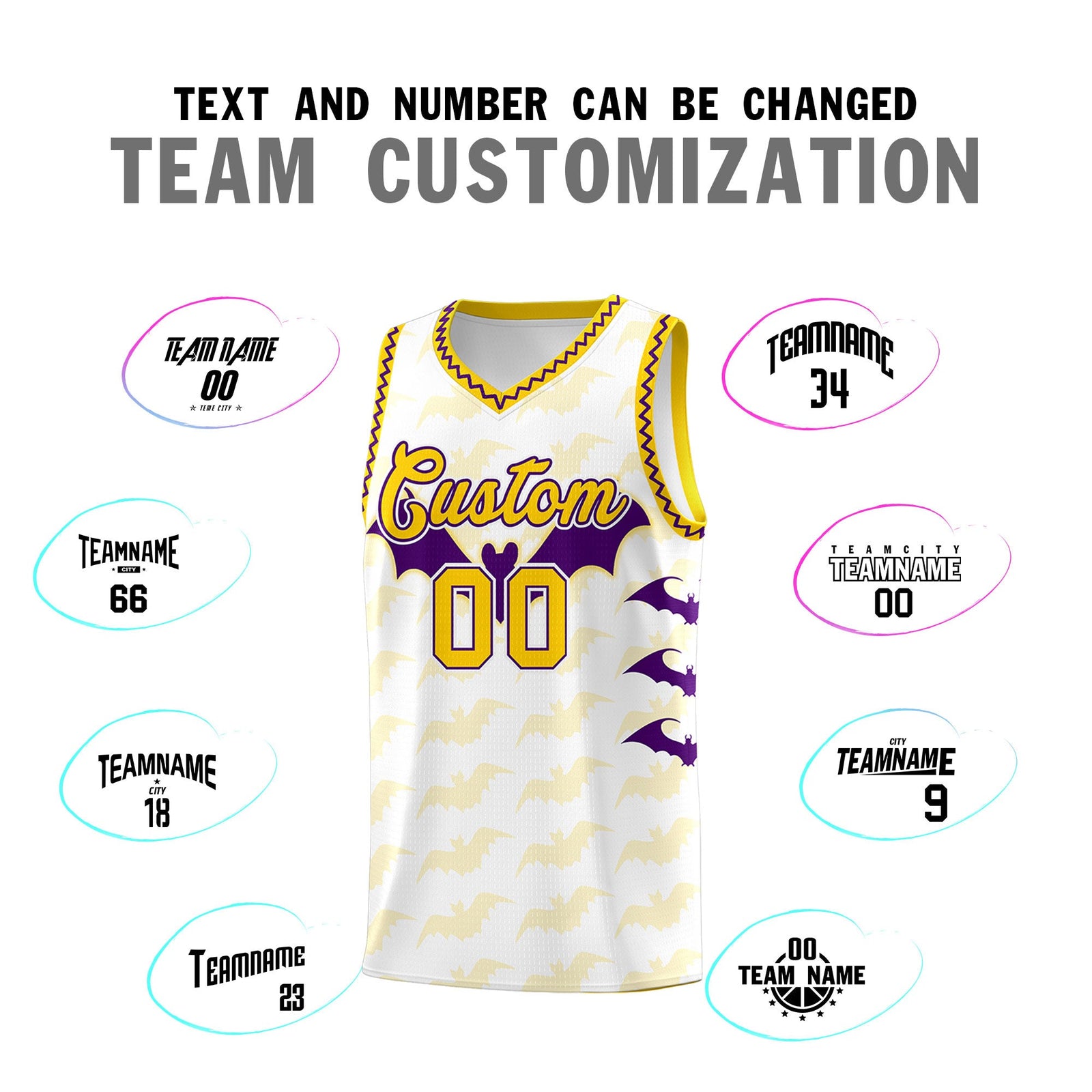 Custom White Purple Gold Bat Pattern Halloween Basketball Jersey | For Men,For Kid,For Youth,Sublimation Printed,Perfect for Training,Perfect for Parties,Add Name and Numbern | KXKSHOP