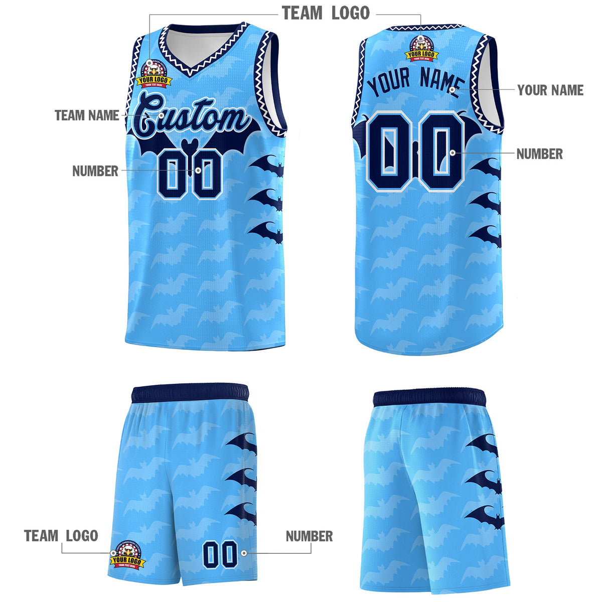 Custom Powder Blue White Bat Pattern Halloween Basketball Jersey | For Men,For Kid,For Youth,Sublimation Printed,Perfect for Training,Perfect for Parties,Add Name and Numbern | KXKSHOP