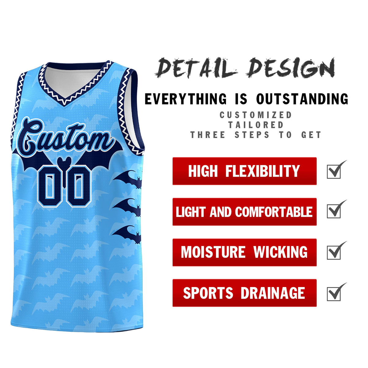 Custom Powder Blue White Bat Pattern Halloween Basketball Jersey | For Men,For Kid,For Youth,Sublimation Printed,Perfect for Training,Perfect for Parties,Add Name and Numbern | KXKSHOP