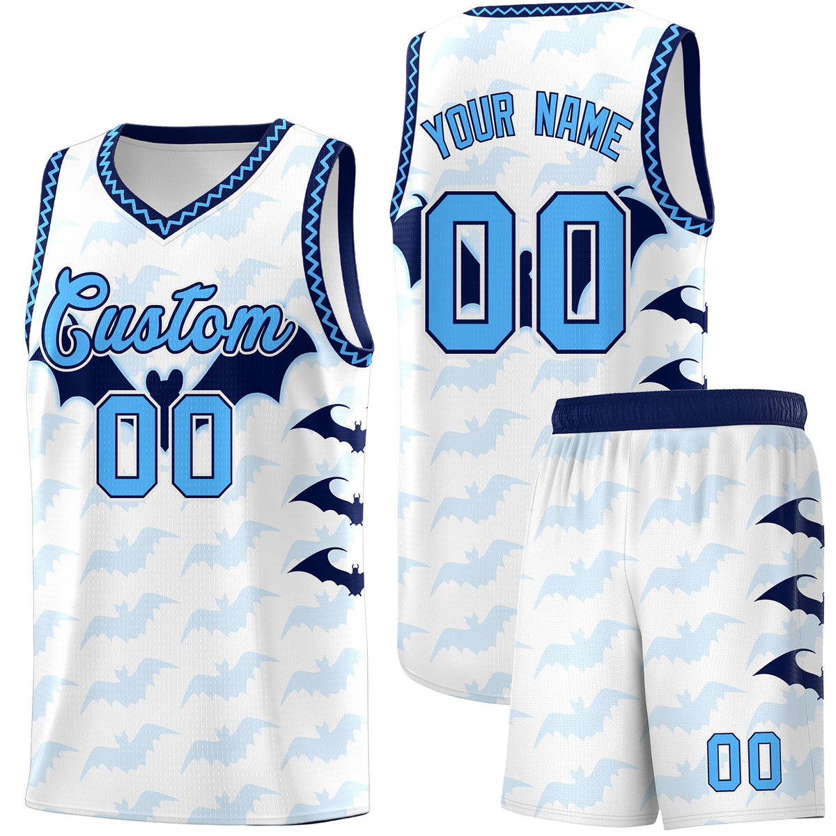 Custom White Powder Blue Bat Pattern Halloween Basketball Jersey | For Men,For Kid,For Youth,Sublimation Printed,Perfect for Training,Perfect for Parties,Add Name and Numbern | KXKSHOP