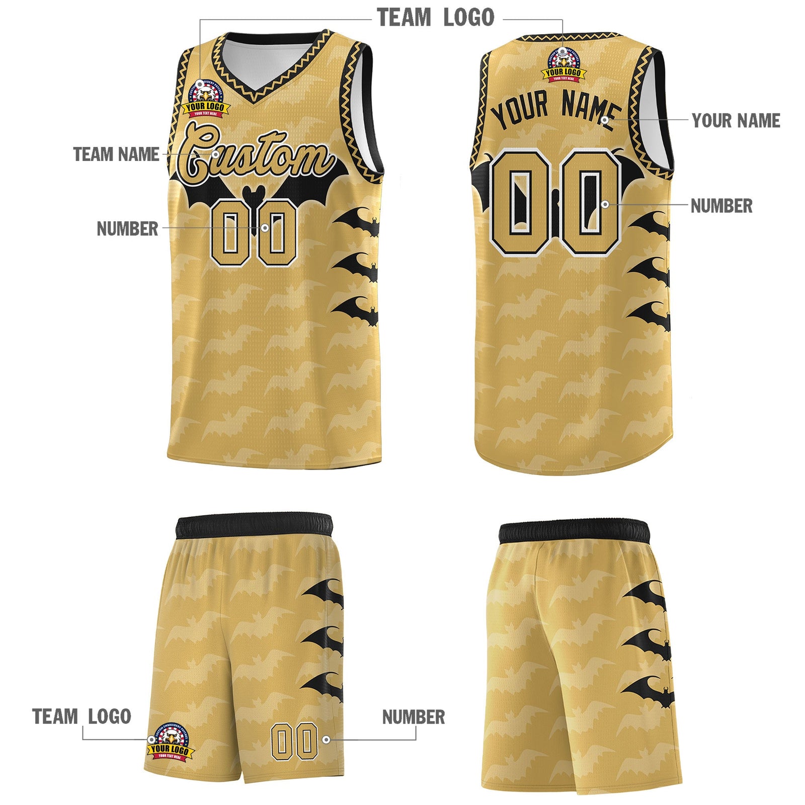 Custom Old Gold Black White Bat Pattern Halloween Basketball Jersey | For Men,For Kid,For Youth,Sublimation Printed,Perfect for Training,Perfect for Parties,Add Name and Numbern | KXKSHOP
